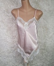 Vintage Delicates Teddy Pink Size Medium White Lace Trim French Cut Lingerie V