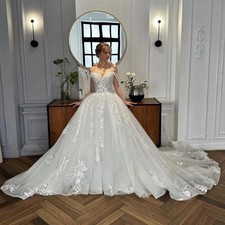Boho A-Line Wedding Dresses Off Shoulder Lace Appliques Lace-Up Back Tulle Gowns
