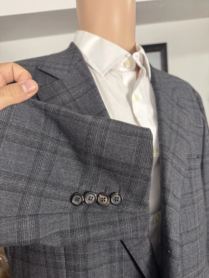 Chaqueta Brunello Cucinelli Gris Carbón Cuadros Pico Solapa Parcialmente Forrada 54/44 Foto 3 de 4