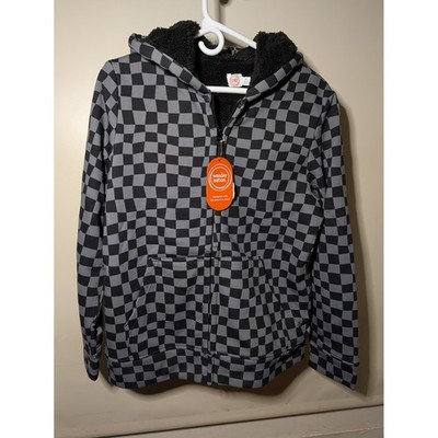 Wonder Nation Boys XL 14-16 Sherpa Lined Checkered Zip Up Hoodie Grey Black NWT