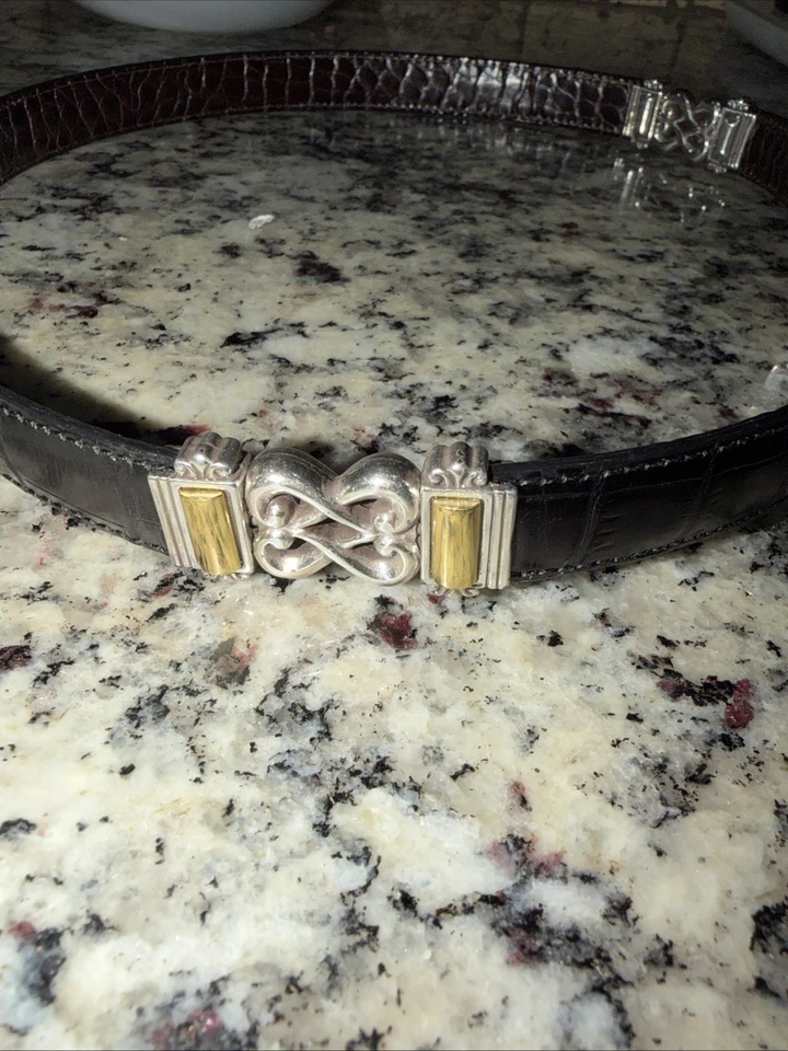 VTG 90s Brighton Belt Women Medium Brown Croc Embossed Leather Silver GG USA - Image 2 of 4