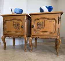Pair French Oak Louis XV Style Bedside Carved Cupboard Cabinets.  Paint or stain