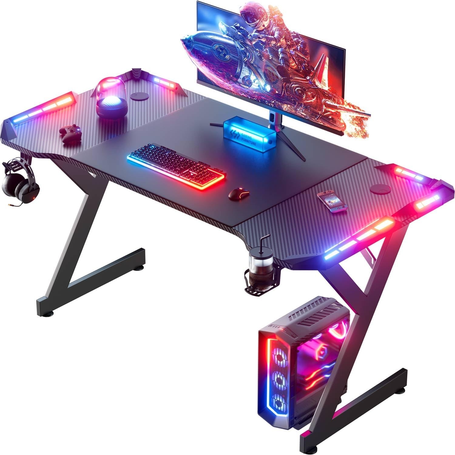 DLONGONE Gaming Desk 120 x 60cm, Computer Gaming Desk, Gaming PC Desk for Home Office, A Shaped Gaming Table with Cup Holder and Headphone Hook, Simple Assembly, Black 25 Gaming Desk witn LED RGB, Computer Table with Cup Holder & Headphone Hook