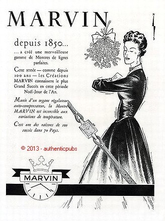 REKLAME MARVIN DAMENUHR WEIHNACHTEN ART DECO VON 1950 FRANZÖSISCH AD WATCH PUB - Bild 1 von 1