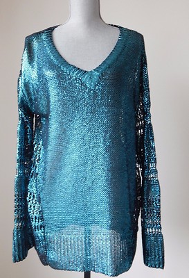 NEW Rock & Republic Ice Queen V- Neck Knit Black Green Pullover Sweater MEDIUM