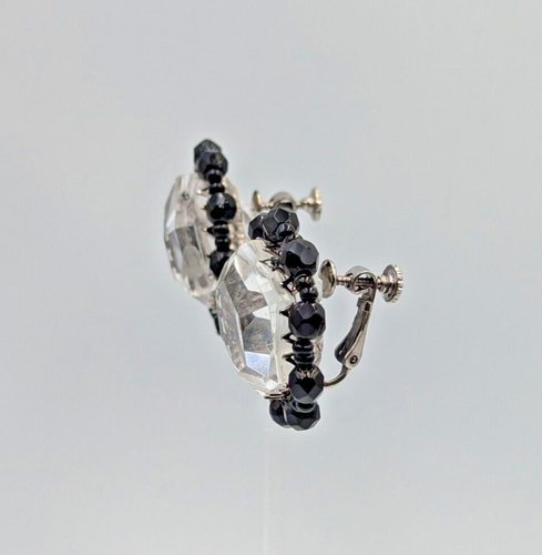 Miriam Haskell Clear Lucite & Black Beaded Silver Tone Clip On Big Earrings - Picture 9 of 14