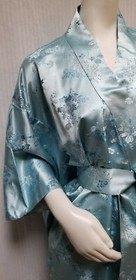 Vintage Blue Satin Floral Jacquard Long Kimono with Belt - Made in Japan