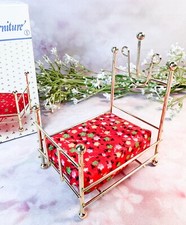 Vtg JUSTEN BRASS Bed w/ Red Mattress Doll Hou...