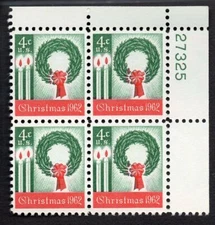 1962 Christmas Wreath Plate Block Of 4 4c Postage Stamps, Sc# 1205, MNH, OG
