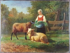 Ancien Tableau "Bergère et ses Moutons" Peinture Huile Oil Antique Painting Old