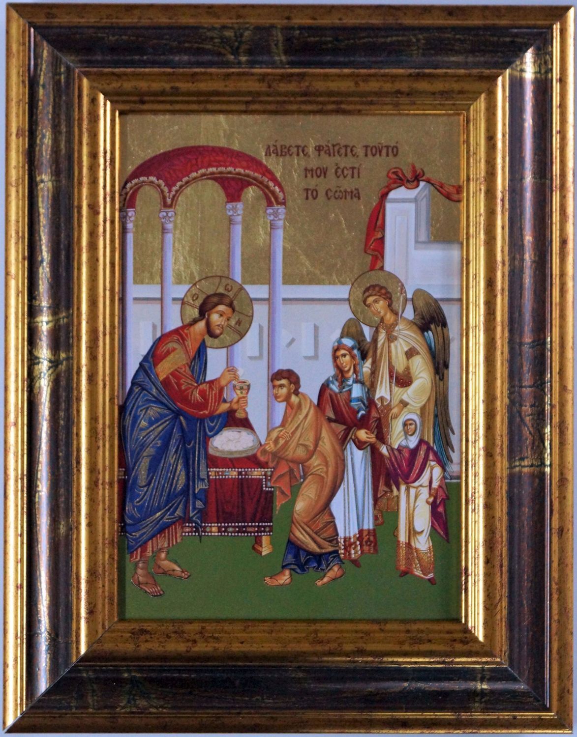 Ikone Heilige Erstkommunion Leinwand breiter Holzrahmen Handarbeit Griechenland