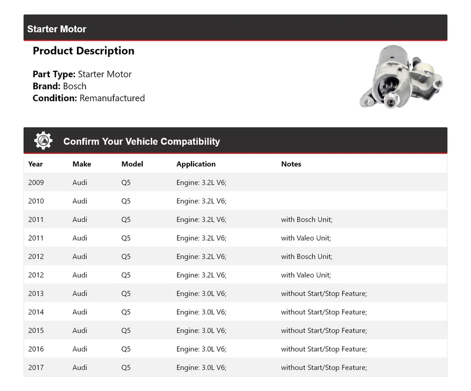 Para 2009-2017 Audi Q5 Bosch Starter (Remanufaturado) 2010 2011 2012 2013 2014 - Imagem 2 de 4