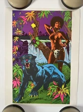 Lady And Panther blacklight poster vintage original Jungle Cat Afro Woman 1970s