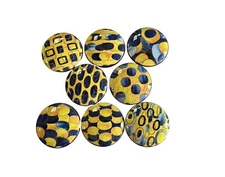 Set of 8 Navy Blue and Yellow Abstract Print Wood Cabinet Knobs Drawer Pulls,