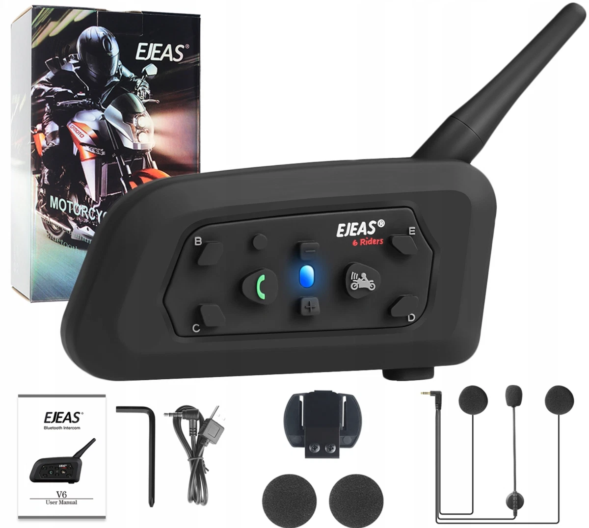 EJEAS V6 PRO Motorcycle Bluetooth Intercom 1200m + Sticker Earphone Mount