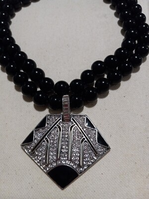 Ciner For MMA Vintage Rhodium Plated Crystal Rhinestone Black Beaded Necklace