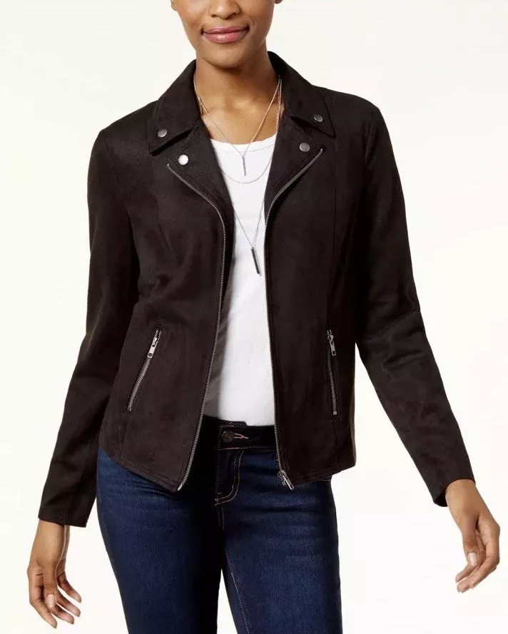 Style Co Company Womens Faux Suede Moto Collar Jacket Deep Black