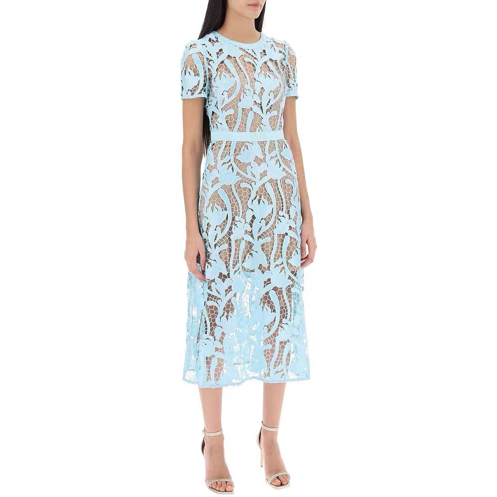 SP Polyester Lace Short Sleeve Midi Dress for Women Blue