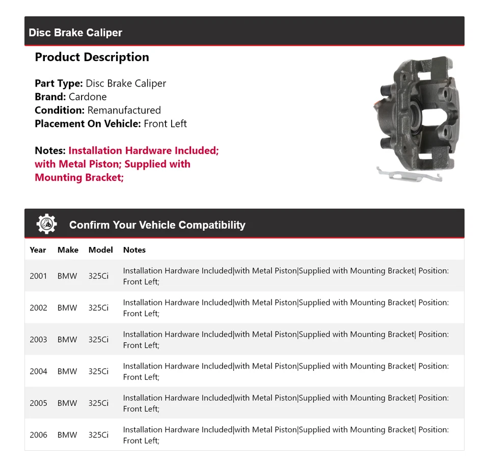 Pinza de freno de disco delantera izquierda cardone 2002 2003 2004 bmw 325ci 2001-2006 Foto 2 de 4