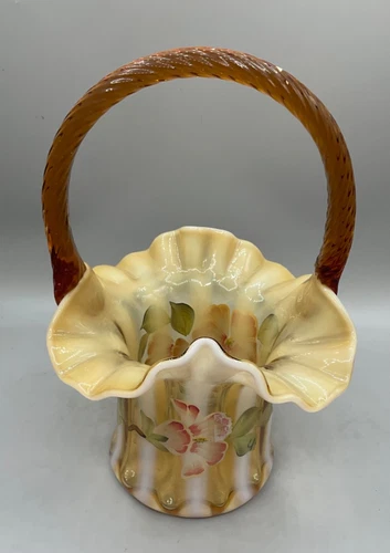 FENTON HIBISCUS BASKET HAND PAINTED BY ARTIST PAM HIAK WITH  AMBER HANDLE