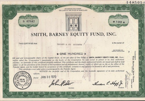 Stock certificate Smith, Barney Equity Fund, Inc. State of Maryland  - Picture 1 of 1