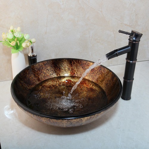 Bathroom Tempered Glass Vessel Sink Round Bowl Waterfall Spout Mixer Faucet Tap - Picture 9 of 12