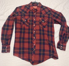 Vtg ELY Plains Men's Shirt Pearl Snaps Plaid Long Sleeve Large Red Plaid