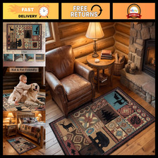 Rustic Lodge Bear Area Rug 3x5 - Washable Non-Slip Low Pile Carpet for Entryway,