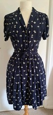 Joanie Navy Cream Floal Tea Dress 10 12 Button Through Knee Length Lined