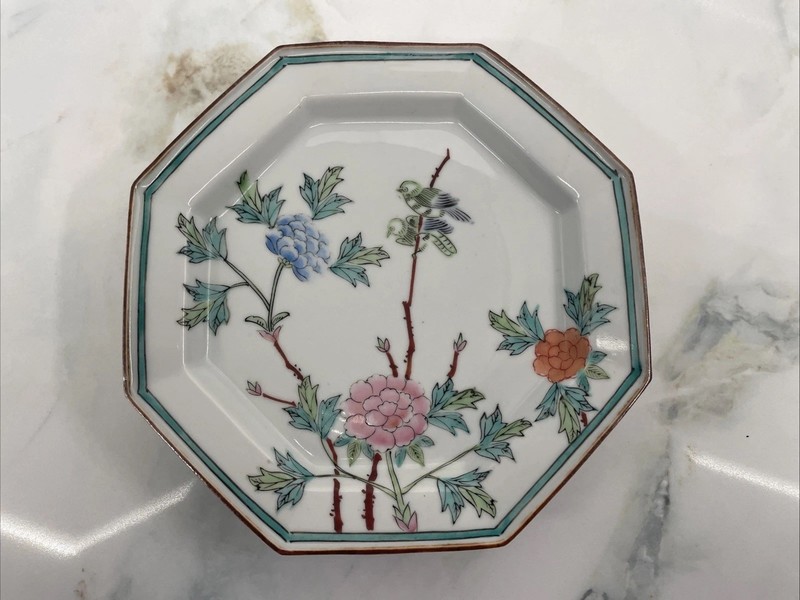 Vintage Chinese Porcelain Plate, Birds In A Flowering Tree, Hand Painted Octagon