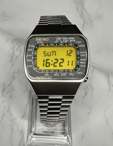 New ListingSeiko M158-5009 Lemon Face/Pan Am World Time LCD Digital Watch-Minty!