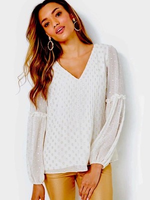 Lilly Pulitzer NWT Cleme L/S Top Coconut Viscose Metallic Clip Size 14,16