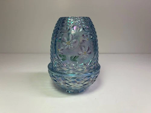 Fenton Art Glass Blue / Iridescent Candle Holder ~ Hand painted by S. Fisher