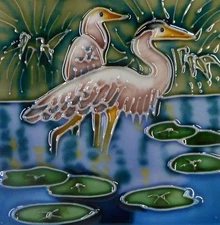 Coastal birds hand painted ceramic art tile coaster 4 x 4 inches with back