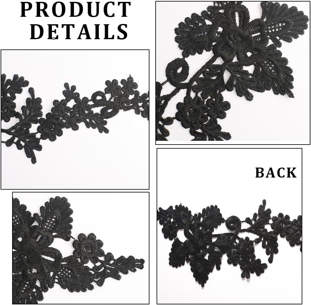 4Pcs 3D Flower Embroidery Lace Applique Black Floral Leaves Embroidered Sew on P