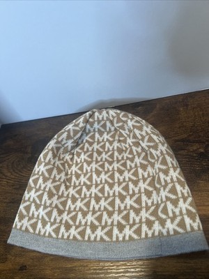 Michael Kors Signature MK Logo Beanie Hat Beige,And White With Gray Rim