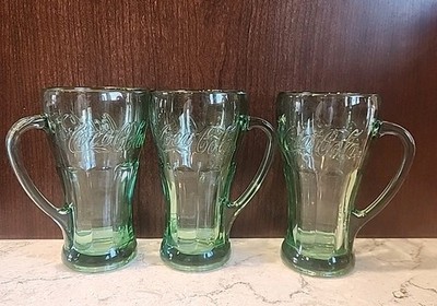 3 Vintage Libbey Green Coca Cola Thick Heavy Soda Float Glasses Mugs With Handle