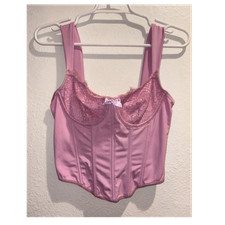 Women s Pink Satin Solid Lace Bustier Corset Top, Size M, Hook Eye Closure