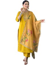 LookMark Women's Embroidered Poly Viscose Straight Kurta with Pant and Printe...
