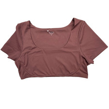 Athletic Fitted Crop T-Shirt Short Sleeve Square Scoop Neck Brown Red Size XL