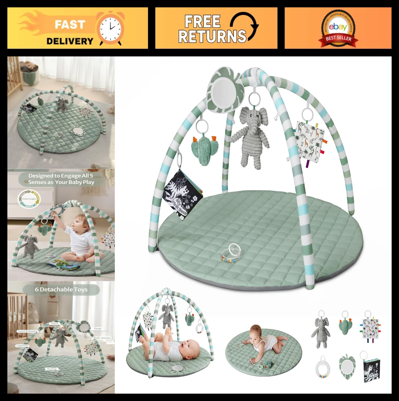 Baby Play Gym Mat with 6 Detachable Toys - Activity Mat for Sensory & Motor Skil