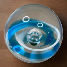 Vintage Art Glass Paperweight Clear Blue White Swirl Bubble Sphere Orb Desk 2.5"