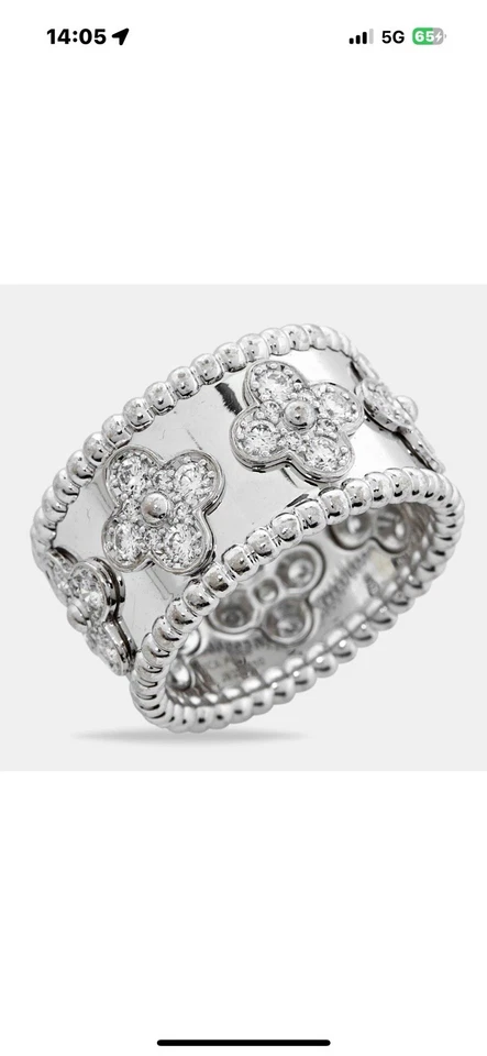 Anillo Van Cleef & Arpels Perlée Tréboles Diamantes Mediano Oro Blanco 18K Genuino Foto 3 de 3