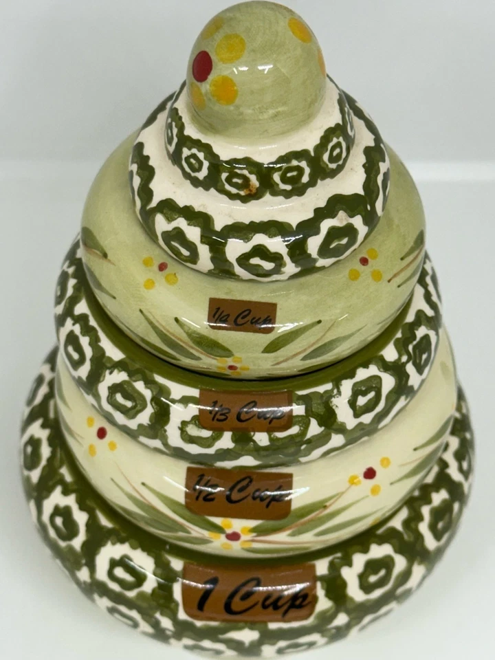 Temp-Tations By Tara Stacking Measuring Cups 5 Set Ceramic Green Floral Design - Image 3 of 4