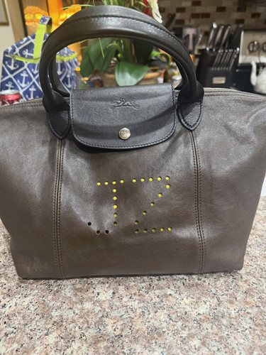 Longchamp Gray Tote Top Handle Snap Closure Studded Accents Inner Pockets