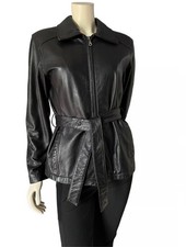 Vintage Black Lambskin Leather Belted Jacket Zip Front Women  s Size Medium 8-10
