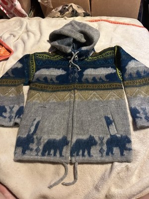 Kids Ecuador Wool Polar Bear Zip Hoodie Sweater Size 4 Gray Blue Handmade