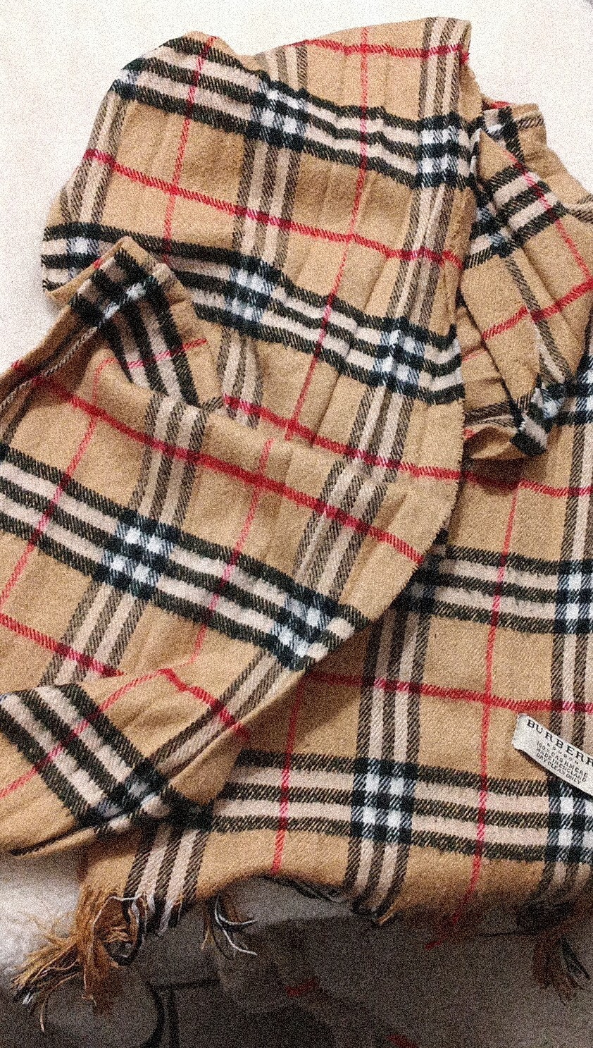 Burberry Cashmere Plaid Fringe Rectangle Scarf Beige Women's