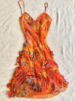 Vintage Fairycore Pailletten Rüschen Minikleid orange tropisch skurril Boho Kleid