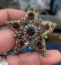 Vintage Faux Turquoise Purple Rhinestone Star Pin Brooch Gold Tone